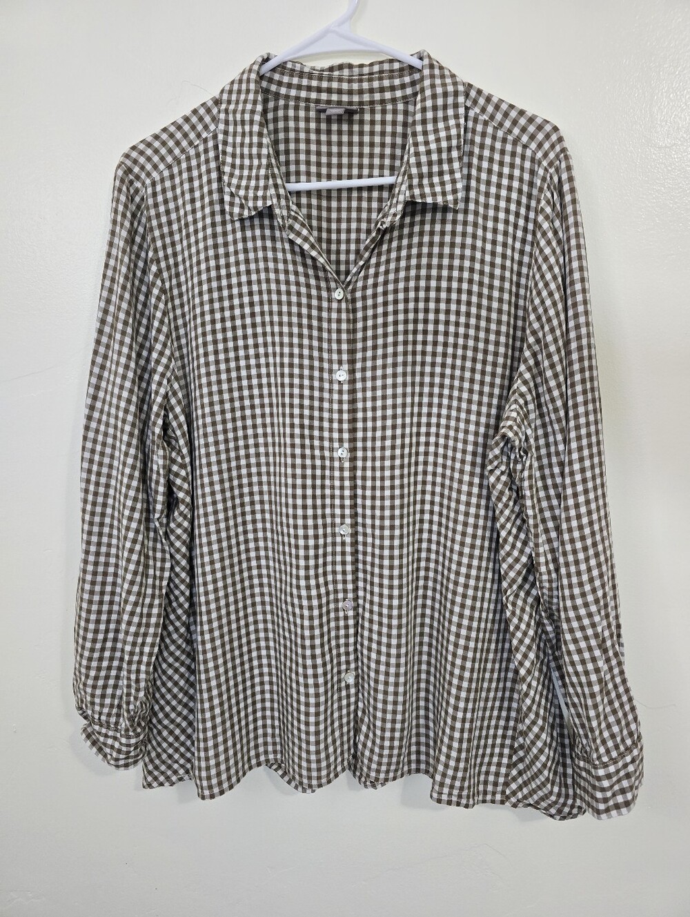 J. Jill Women Brown Gingham Check Long Sleeve Collared Rayon Tunic Blouse XL